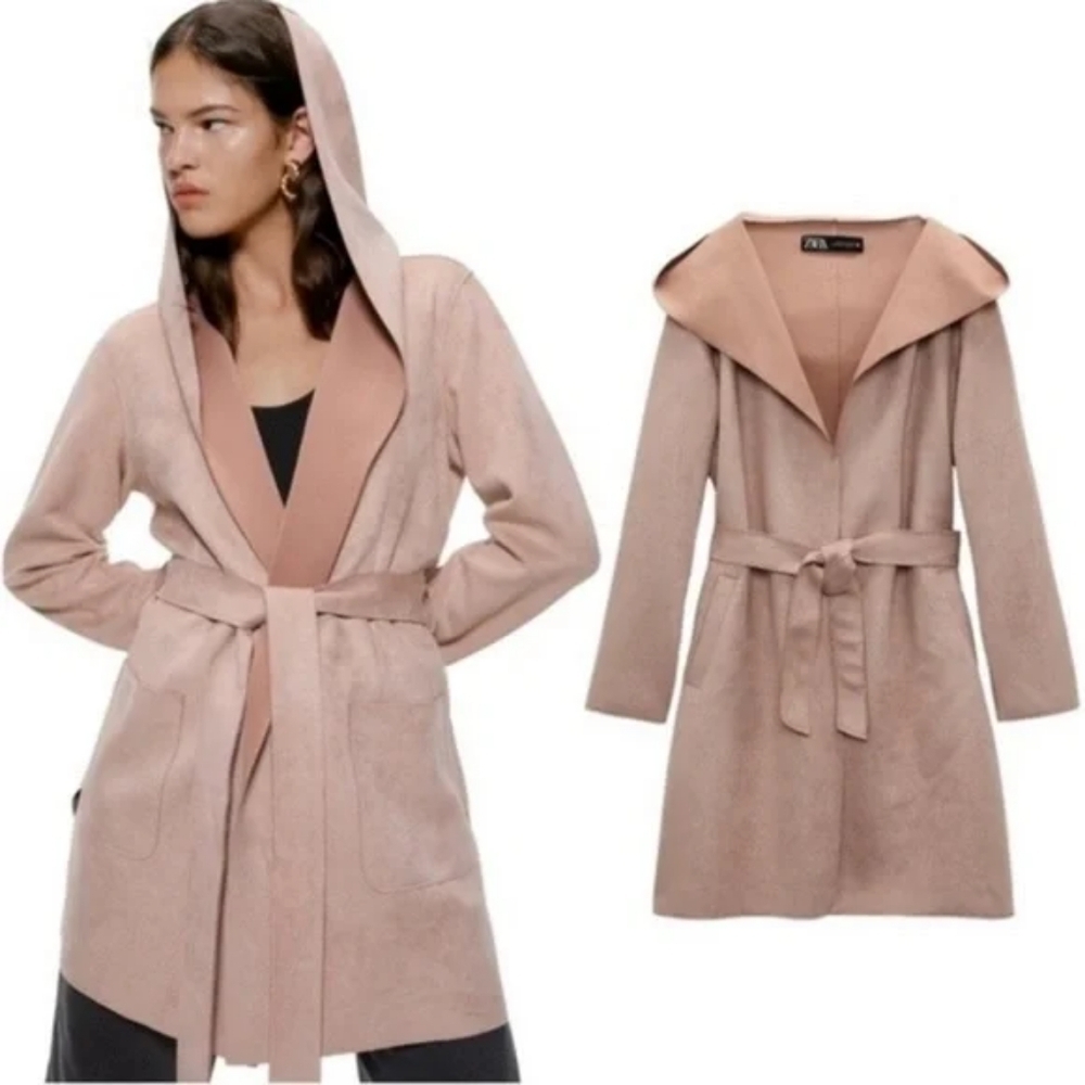 Zara | Faux Suede Dusty Rose Wrap Hooded Coat